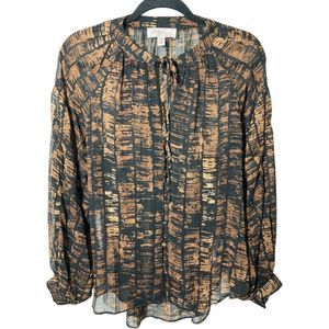 Philosophy Womens Medium Sheer Smocked Top Brown/Black Blouse Long Puff Sleeve